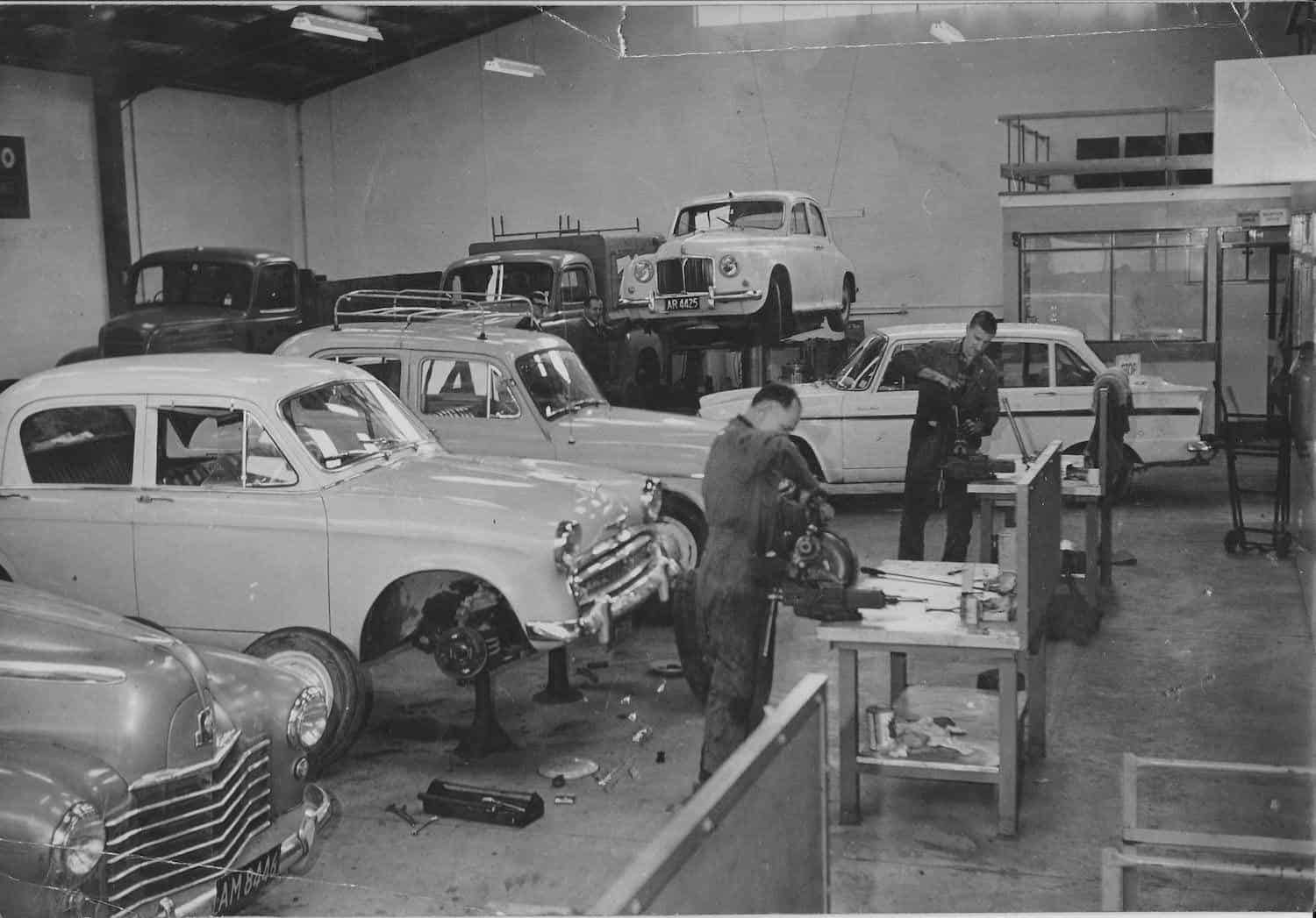 A busy 1959 scene at Safe R Brakes